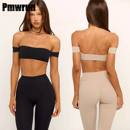 PMWRUN Women's Off - the - Shoulder Yoga Crop Top with High Waist Leggings Set, Stretchy and Breathable for Gym & Workout