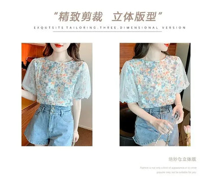 Floral Short-sleeved Chiffon Women's New Puff Sleeve Top Chic and Fashionable Shirt
