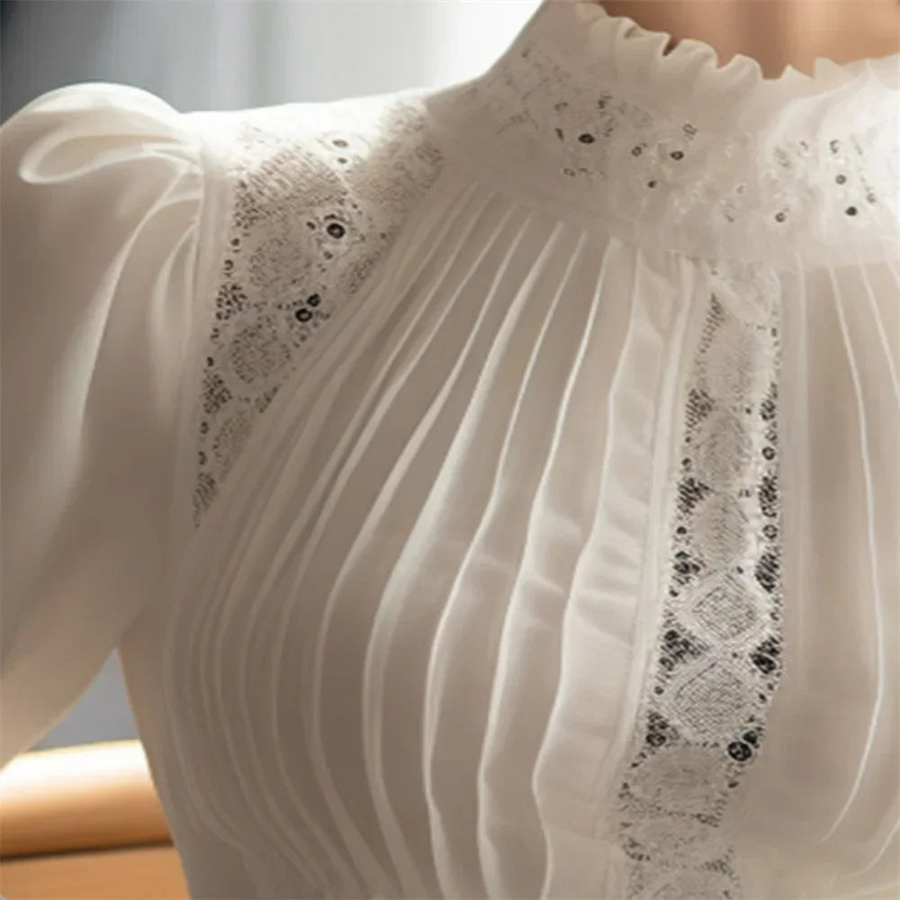 Spring Ladies Patchwork Lace Hollow Out Long Sleeve Shirt Tops New Korean Fashion Women's Solid Color Stand Collar Blouses