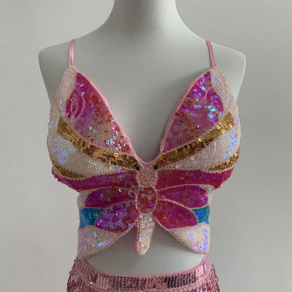 Sequin Tie up Vest Dance Party Sequin Backless Top Women's Fashion Personality Suspender Design Beautiful Back Style