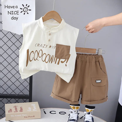 Kids Baby Boy 2 Piece Set Summer Fashion Letter Print Turtleneck Sleeveless T-shirts and Shorts Infant Boys Clothes Outfits