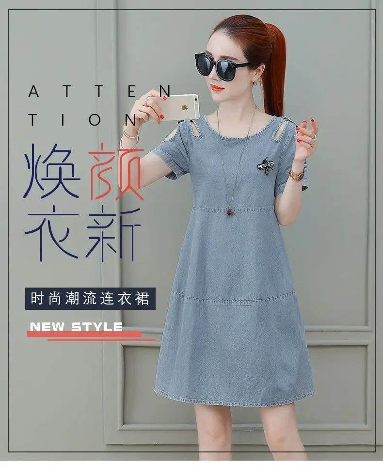Short sleeved Denim Dress Summer Women's 2024 New College style Fashion Student Loose Dress With pockets Casual Clothing