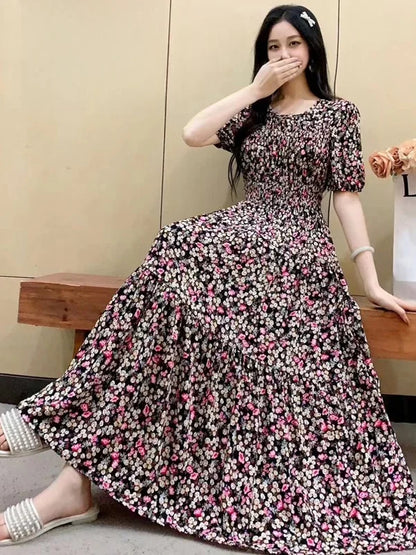 Summer New Cotton Silk Dr Casual High Waist Floral Print Beachwear Outerwear Slimming Waist Long Skirt A-Line Gown