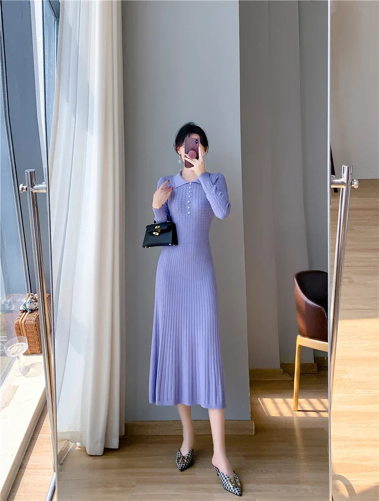 Sweater Dress Women New  Autumn Winter Purple White Or Black High Waist A Line Dress Elegant Long Knitted Dress (Available)