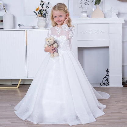 A Line Girl Lace Appliques Princess Wedding Party Flower Girls Dresses Vintage Gown With Bow Kids First Communion Ball Gown