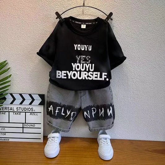 Baby Boys Summer Clothes Fashion Letter Short Sleeve T-Shirt Jeans Pants 2pcs Korean Kids Sport Set Kids Outfits