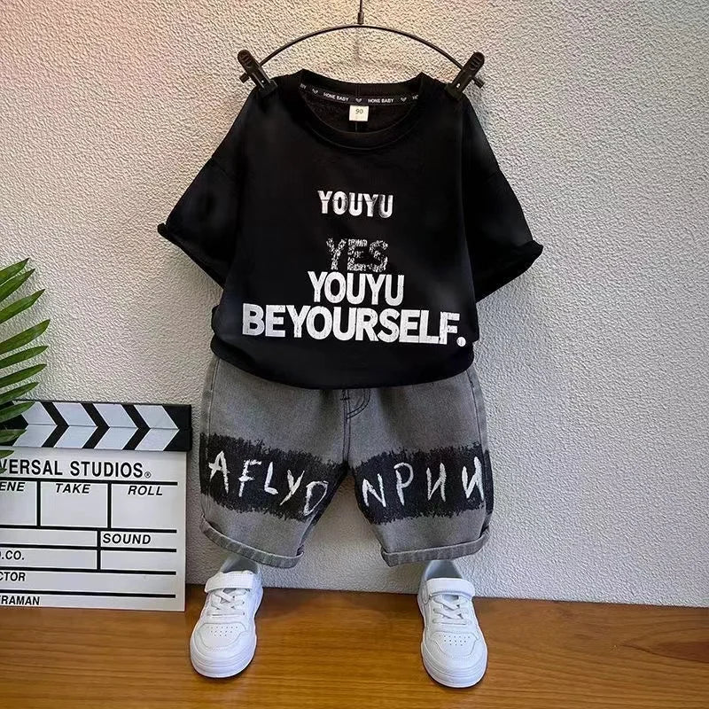 Baby Boys Summer Clothes Fashion Letter Short Sleeve T-Shirt Jeans Pants 2pcs Korean Kids Sport Set Kids Outfits (Available)