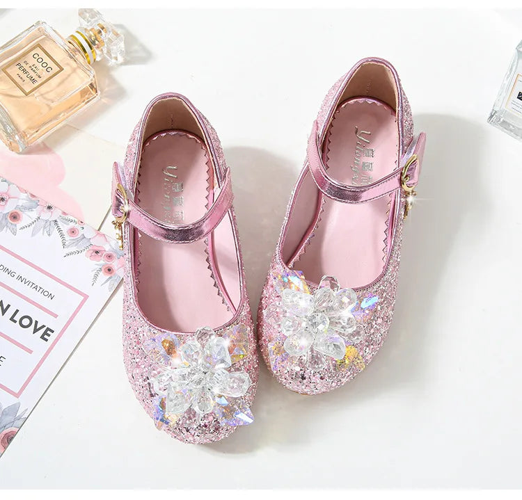 Kids Causal Shoes Wedding Party Children's High Heels Princess Shiny Crystal Flower Girls Leather Shoes Pink Blue Sliver 23-38