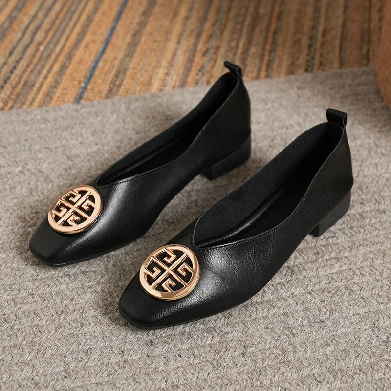 Women's square toe low heels solid color retro Casual flat shoes (Available)