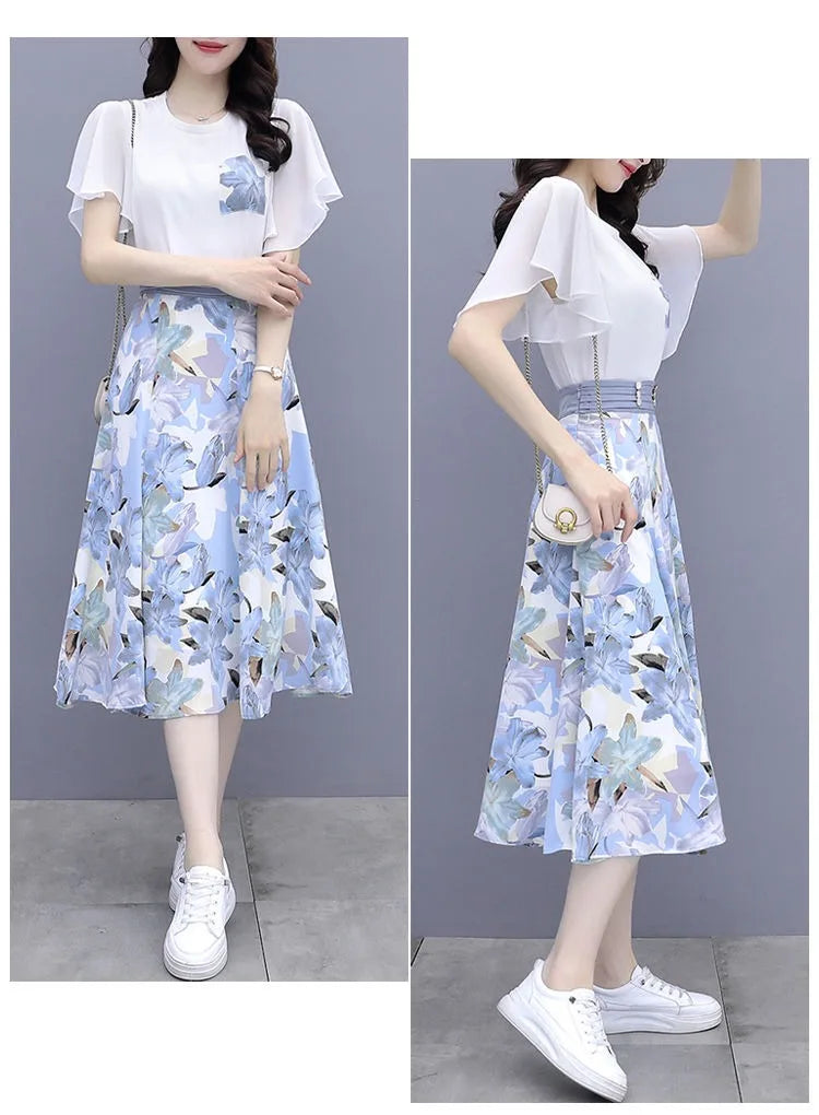Floral Print Chiffon Dr Set Women's Summer Faion Slimming ular f-length Skirt Two-piece Set round Ne ort Sve