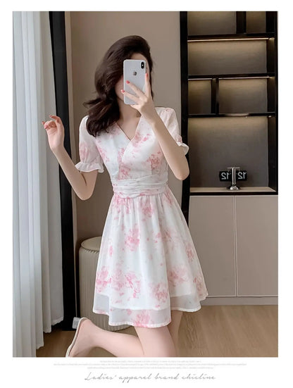 Floral Print A-Line Chiffon Dr Women's Summer 2026 New Sle Slimming ort Dr V-Ne Princ Sve Waist-Cinched