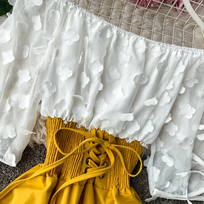 Summer Women's Dress Sexy Off Shoulder Patchwork Party Flower Chiffon Waist Lace Up Beach Short Dresses