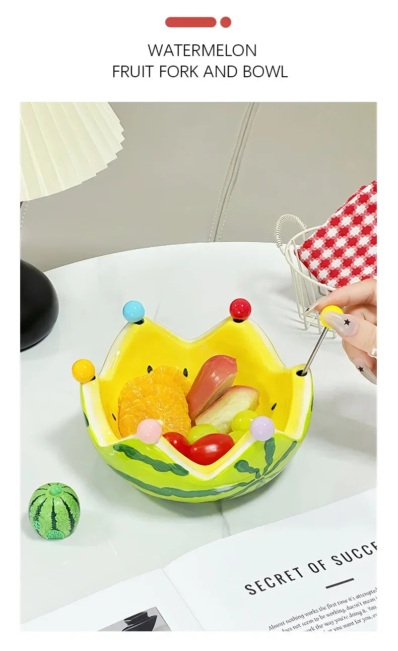 Watermelon Fruit Plate Creative Ceramic Fruit Fork Set Large Capacity Living Room Coffee Table Fruit Bowl Plate Cute  Ornaments (Available)