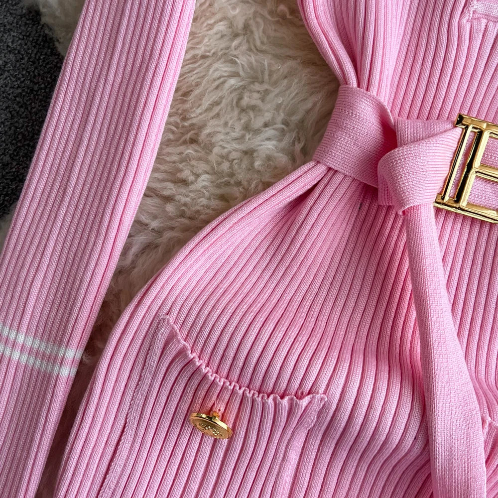 Women Dress 2025 Autumn Winter Elegant Rib Knit Long Pencil Dress with Belt Office Lady Bodycon Sweater Dress Vestidos