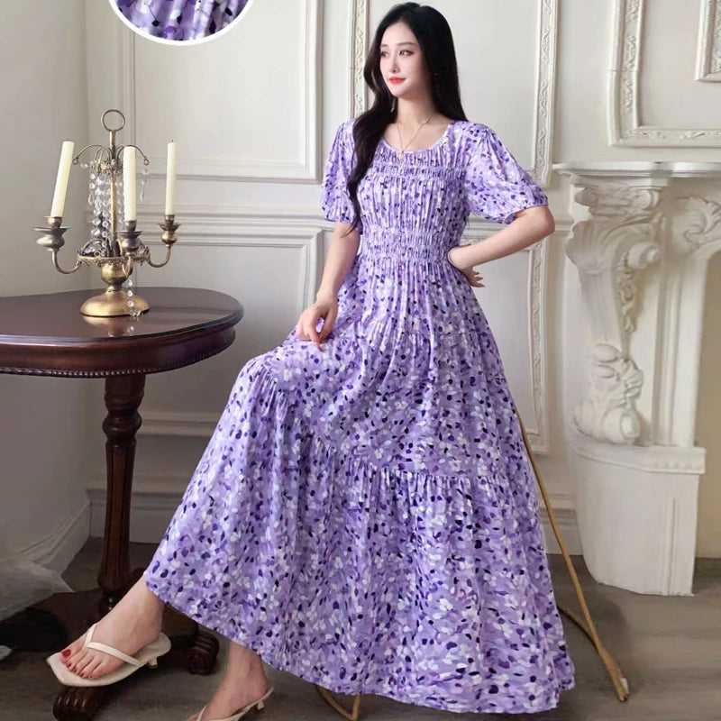 Summer New Cotton Silk Dr Casual High Waist Floral Print Beachwear Outerwear Slimming Waist Long Skirt A-Line Gown