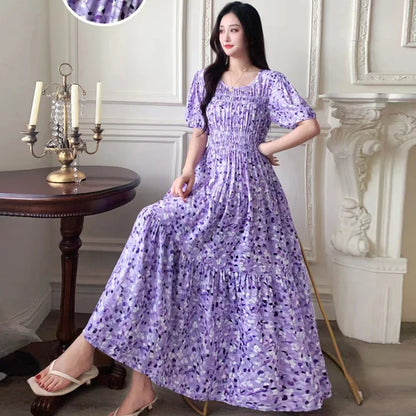 Summer New Cotton Silk Dr Casual High Waist Floral Print Beachwear Outerwear Slimming Waist Long Skirt A-Line Gown