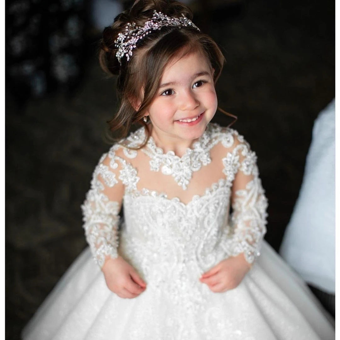 A Line Girl Lace Appliques Princess Wedding Party Flower Girls Dresses Vintage Gown With Bow Kids First Communion Ball Gown