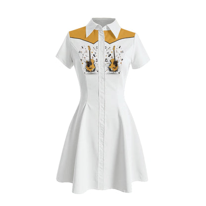 Women's Western Shirt Dress with Music Notes and Dolphin Print Cowboy Collar Button Up Pure Cotton Midi Dress Casual Boho Style