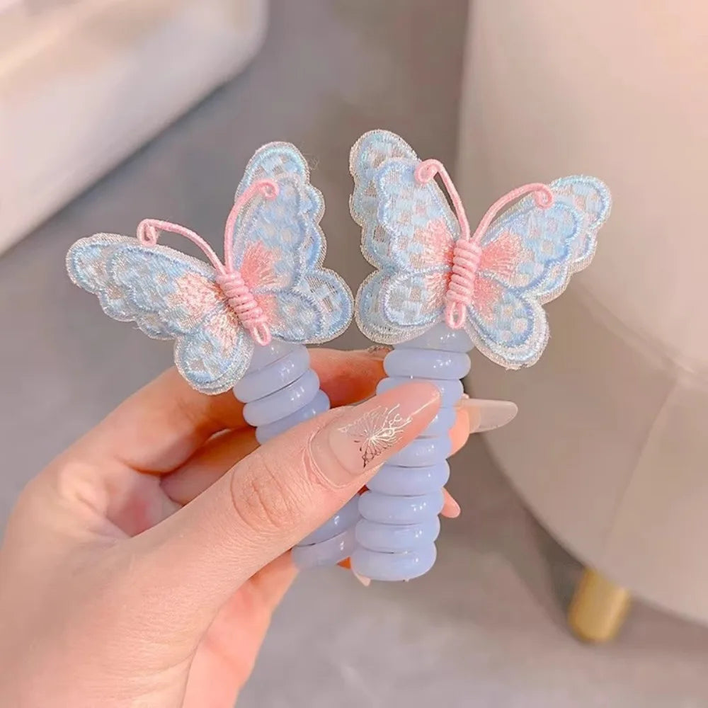 Cute Elastic Telephone Wire Line DIY Butterfly Hair Bundle Phone Cord Ponytail Holder Girls