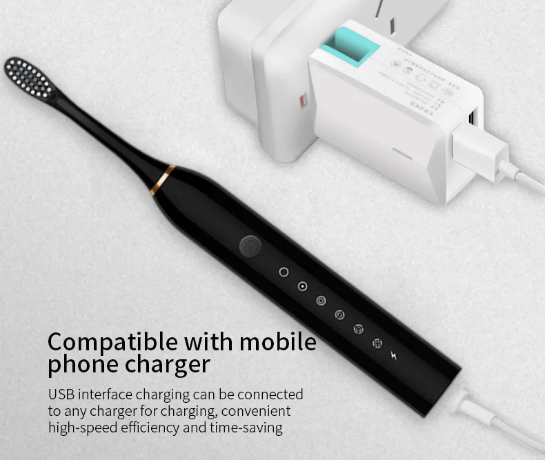 Adult Sonic Electric Toothbrush IPX7 Waterproof with DuPont Brush Head USB Rechargeable High-Frequency Cleaning 6 Modes