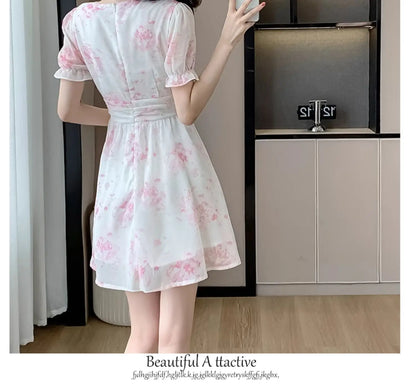 Floral Print A-Line Chiffon Dr Women's Summer 2026 New Sle Slimming ort Dr V-Ne Princ Sve Waist-Cinched