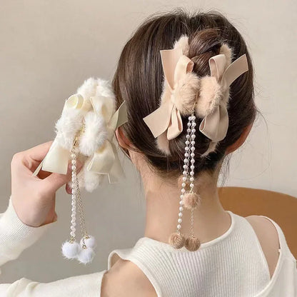 New Elegant Plush Hair Claw Plush Bow Tassel Temperament Girls Women Headdress Shark Clip Winter Accessories Hair Cute