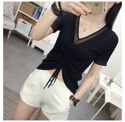 Ice Silk Short Sleeve T-shirt for Women in Summer New Thin V Neck Drawstring Solid Color Casual Tops Fashion Office Clothing