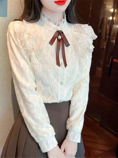 Women's Fce Lined Lace Blouse Thiened Autumn Winter Faion Inner Wear  Knot irt Stand Collar Regular Fit