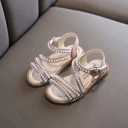Summer Children's Sandals Korean Style Open-toe Kids Girls Causal Rhinestone Pearl Flats Sandals Fashion Princess Dress Shoes
