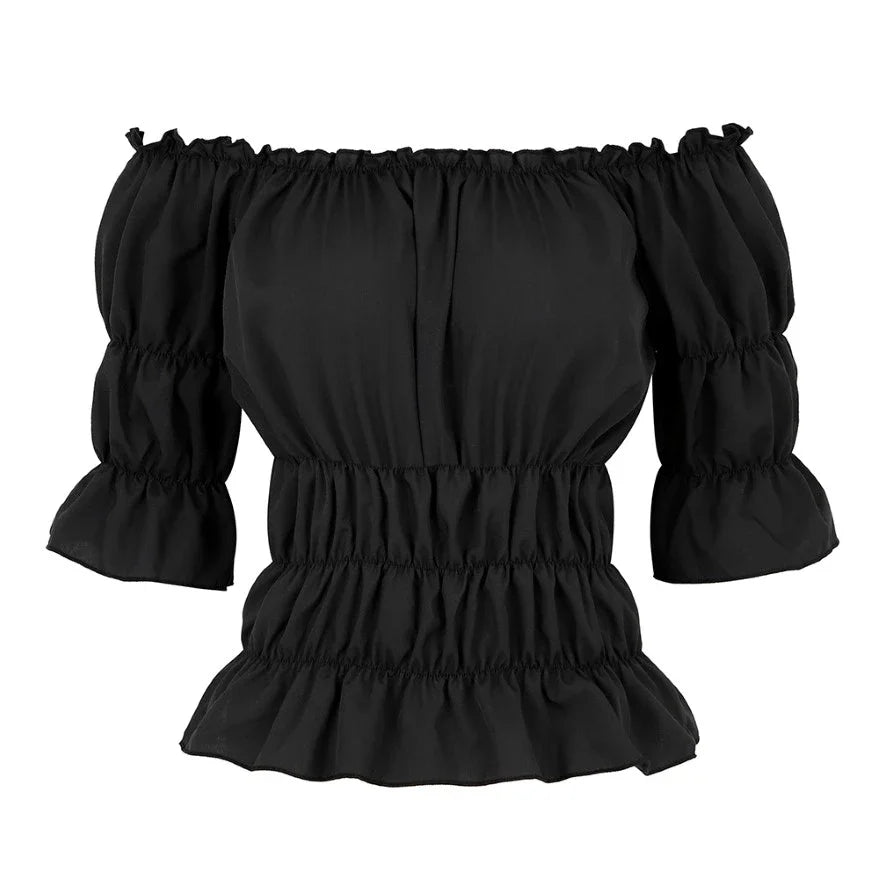 Women Renaissance Peasant Blouse Peplum Top Ruffle Sleeve Off-Shoulder Shirts 3/4 Sleeve Elastic Waist