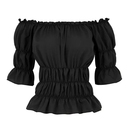 Women Renaissance Peasant Blouse Peplum Top Ruffle Sleeve Off-Shoulder Shirts 3/4 Sleeve Elastic Waist