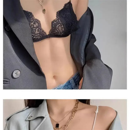 Lace thin band romantic French triangular cup gathering invisible bra without underwire
