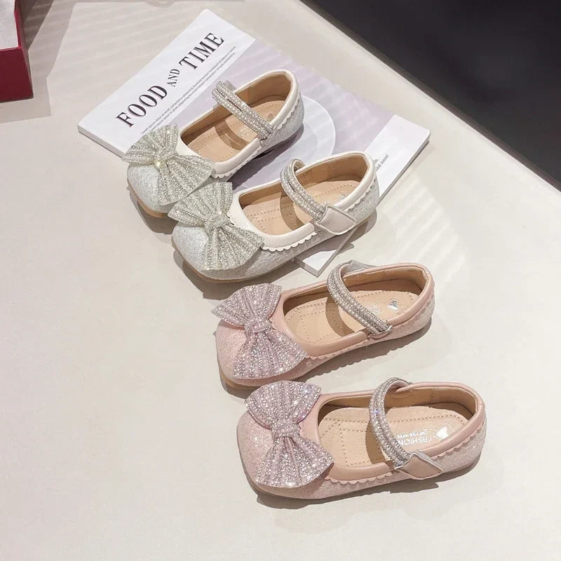 Children's Leather Shoes Bling Sequins Bowknot Princess Shoes for Girls Sweet Chic Kids Causal Wedding Shallow Versatile