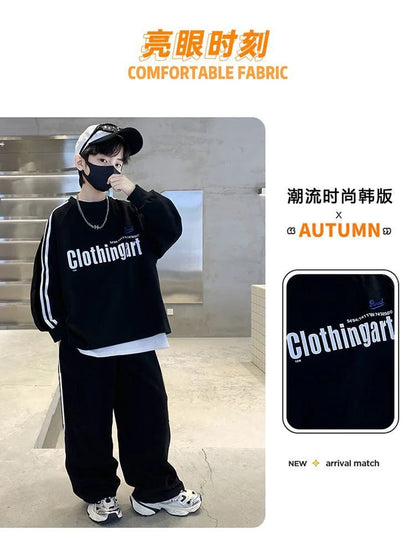 Teenager boys Suit autumn winter Cloth letter striped sweatshirt hooded + wide leg Pants tracksuit 5 8 10 12 Year Child set