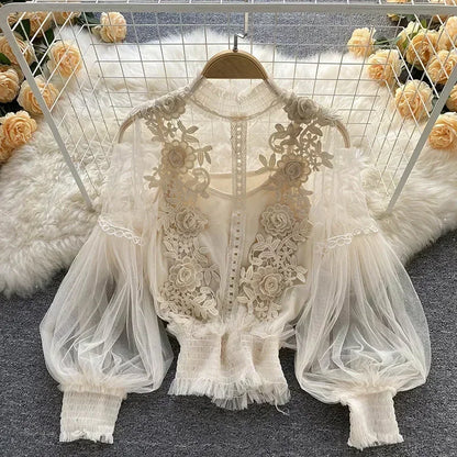 Lace Puff Long Sleeve Blouse Vintage Fashion Blouses Elegant Femme Blusas Korean Woman Tops Women Shirts Clothing Dropshipping