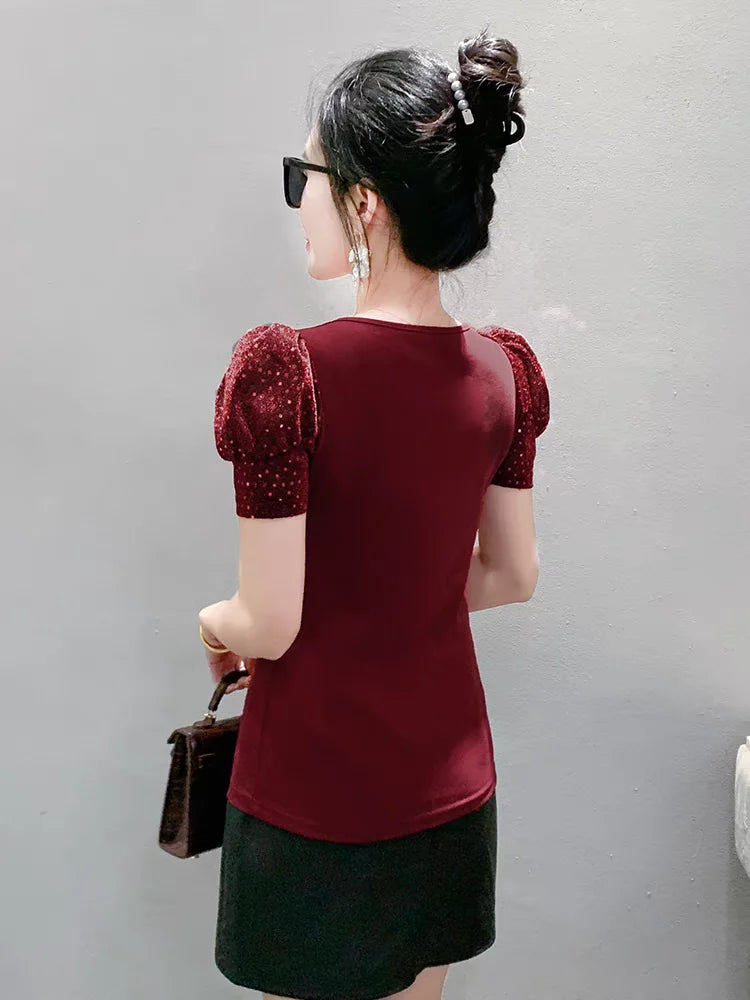 Women's Chic Youthful Square Neck Puff Sleeve T-Shirt Shimmery Floral Summer Blouse  Slim Fit Trendy Top