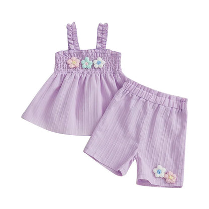 0-4years Baby Girl Summer Outfit 3D Flower Design Ruffled Trim Smocked Sleeveless Tops and Shorts 2 Pcs Set for Toddler girls