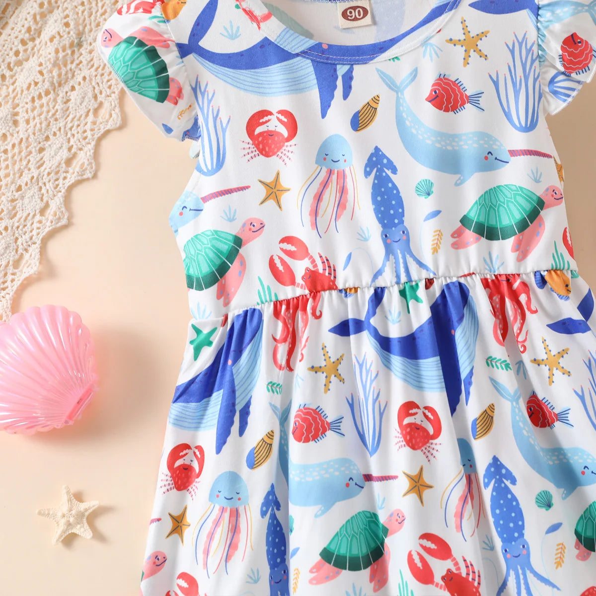 Summer Cute Girl Dresses Cartoon Pattern Flying Sleeve Kids Girls Party Dresses 2 To 8 Years Kids Casual Clothes