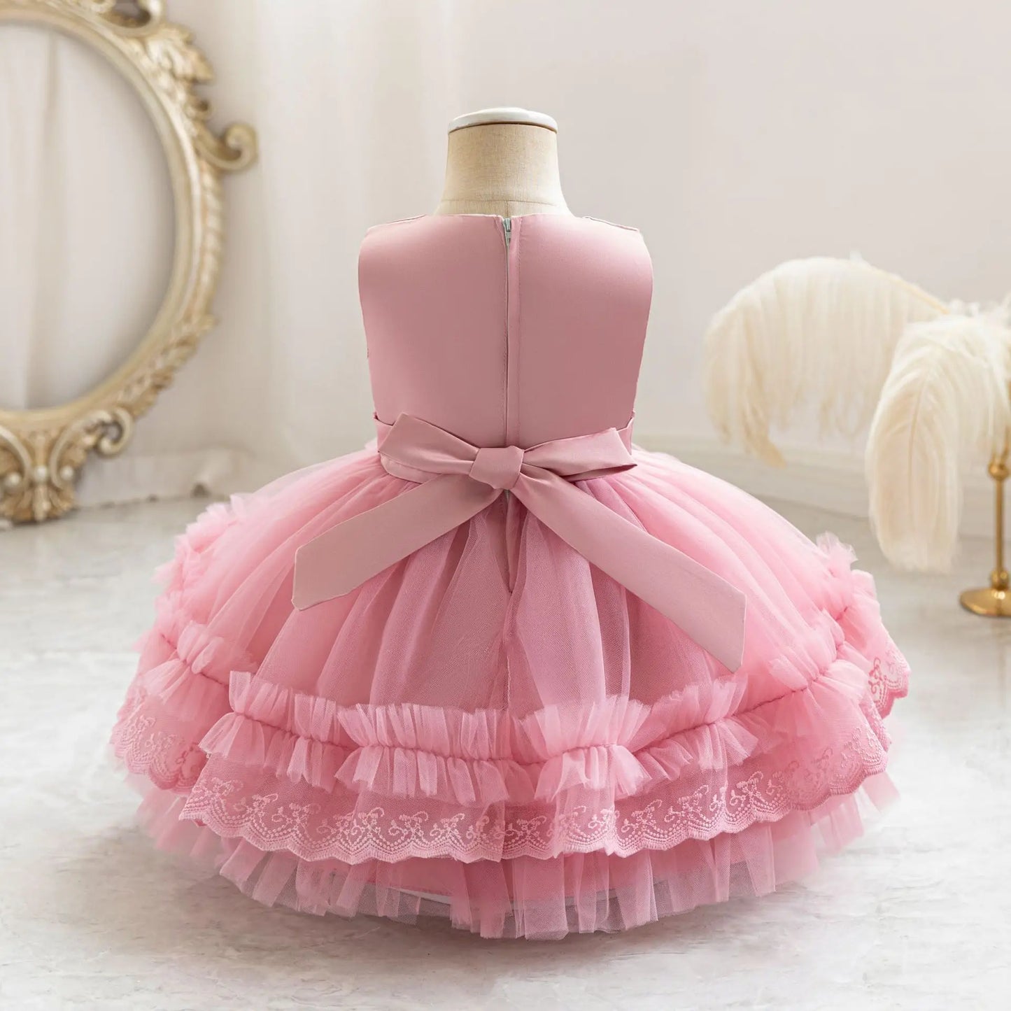 Party Dresses For Girl Formal Prom Wedding Dress Beaded Embroidery Mesh Princess Dress For Infant Baby 1st Birthday Baptism Gown