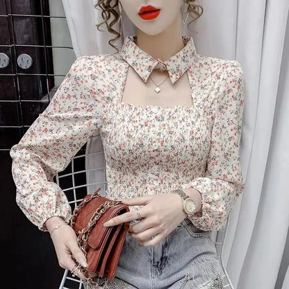 2025 Floral Chiffon Shirt New Spring Summer Women Collect Waist Hollow Out Tops Vintage Blouse Women Longsleeve Short Shirt 3XL