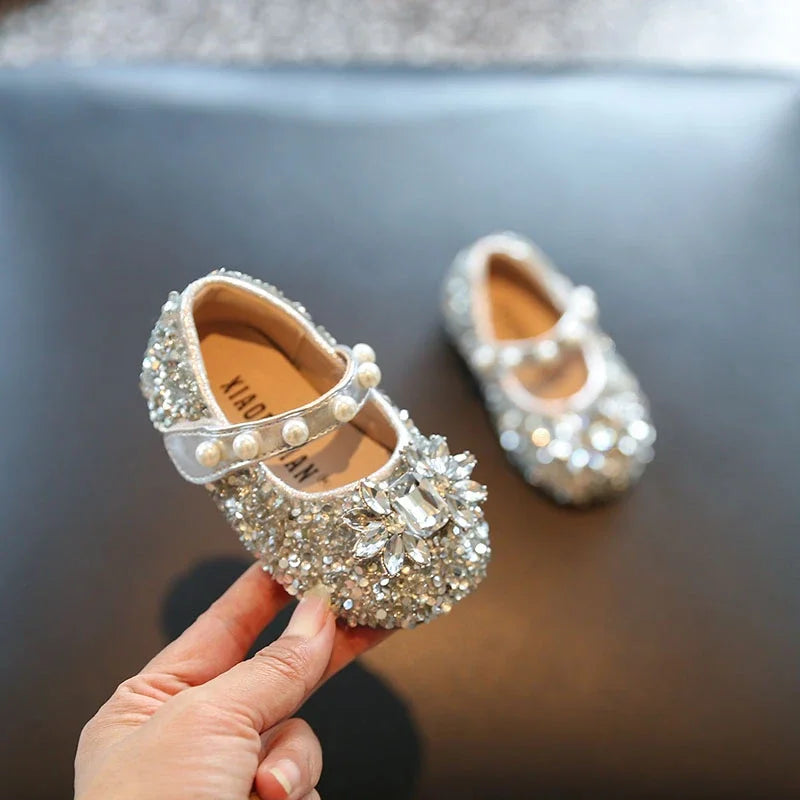 Toddler Kids Princess Shoes Shiny Crystal Girls Flats Sweet Glitter 2025 New Fashion Baby Walking Shoes Soft Bottom Non-slip