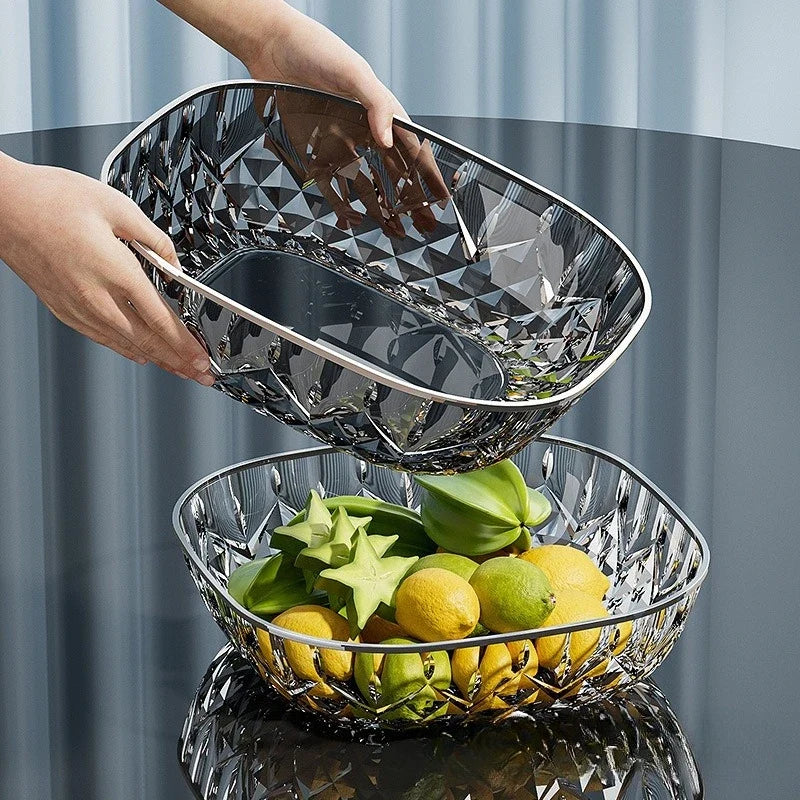 New Household Fruit Bowl Salad Dessert Biscuit Plate Plastic Square Transparent Tray Golden Edge Snack Plates Tableware LIJIAO