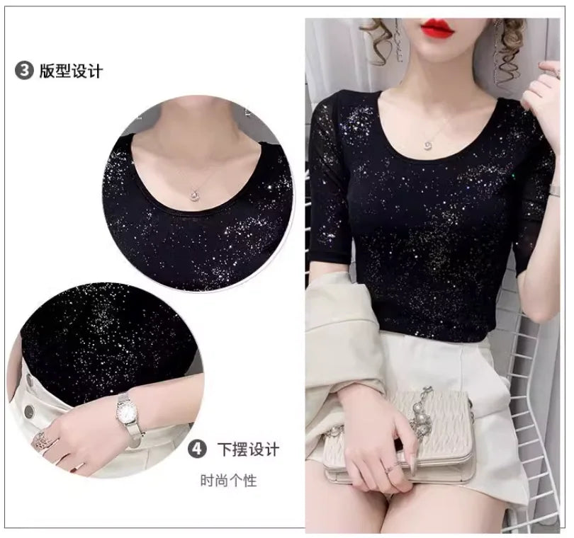 Summer Lady Mesh Tops Round Neck Short sleeved Bright Silk Tees Korean Fashion Black T shirt Women