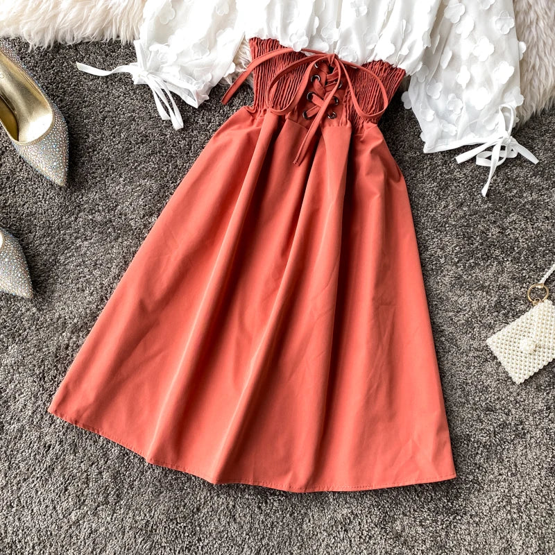 Summer Women's Dress Sexy Off Shoulder Patchwork Party Flower Chiffon Waist Lace Up Beach Short Dresses
