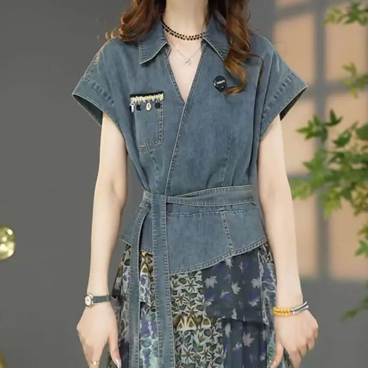 Women's Summer Dress Fake Two Piece Cowboy New Vintage Simple Loose Casual Design Fashion Advanced Soft Niche Versatile Skinny