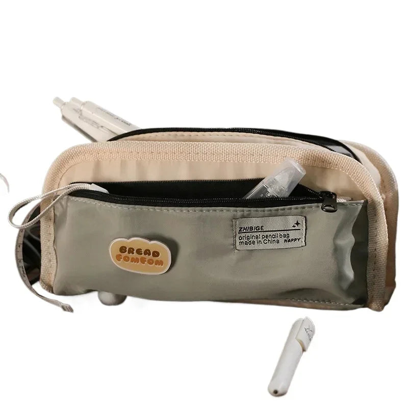 Outdoor Style Pencil Bag Pen Case Hitting Color Canvas 3 Layer Pocket Storage Pouch for Stationery School