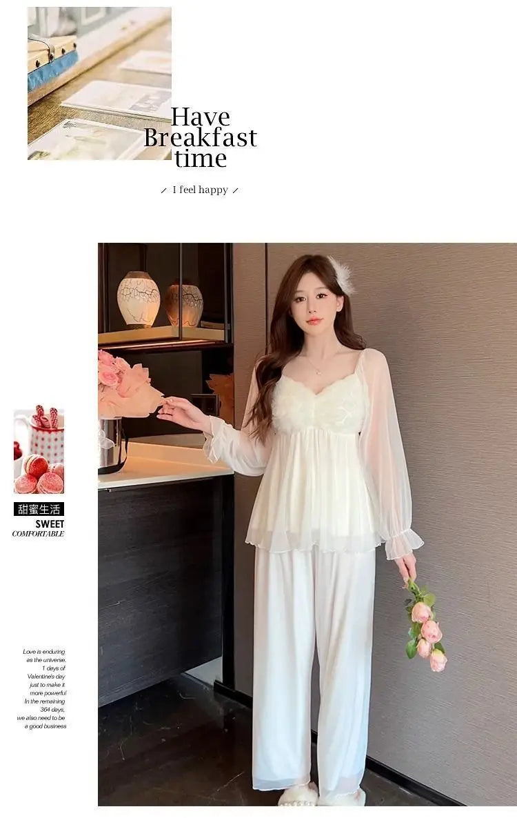 New Hot Luxury Elegant Long Sleeve Pajamas Set With Padded Bra Mesh Plus Size Women For Home Spring Autumn Summer Loungewear