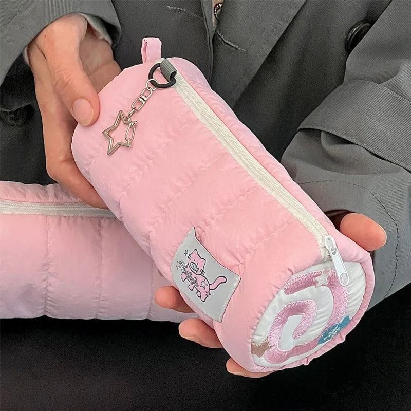 INS Pink Pen Bag Soft Towel Roll Large Capacity Pencil Case Stationery Cosmetic Storage Bag Organizer Creative Students Gift