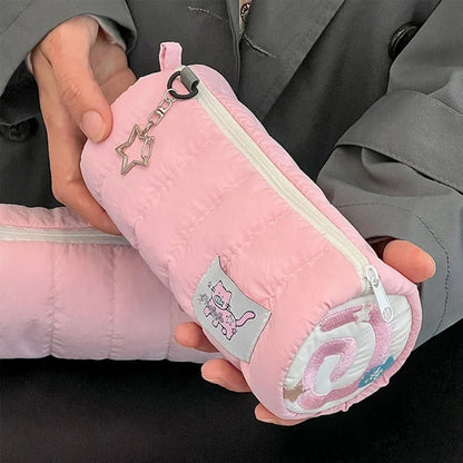 INS Pink Pen Bag Soft Towel Roll Large Capacity Pencil Case Stationery Cosmetic Storage Bag Organizer Creative Students Gift