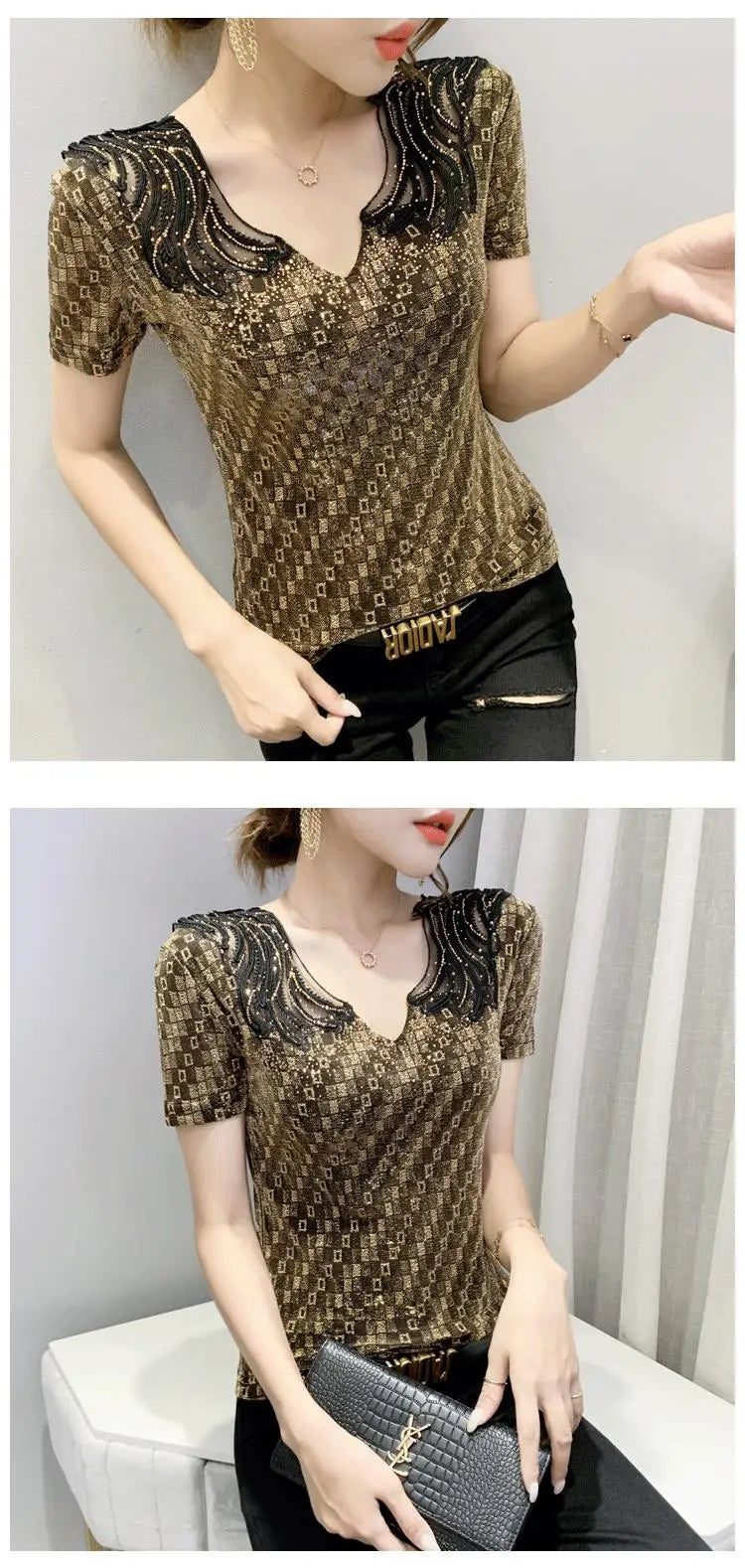 Sexy Hollow out V-Ne Rhinestone ort Sve T-irt Women Summer New Lace Me Top Trendy Anti-Aging Versatile Small irt